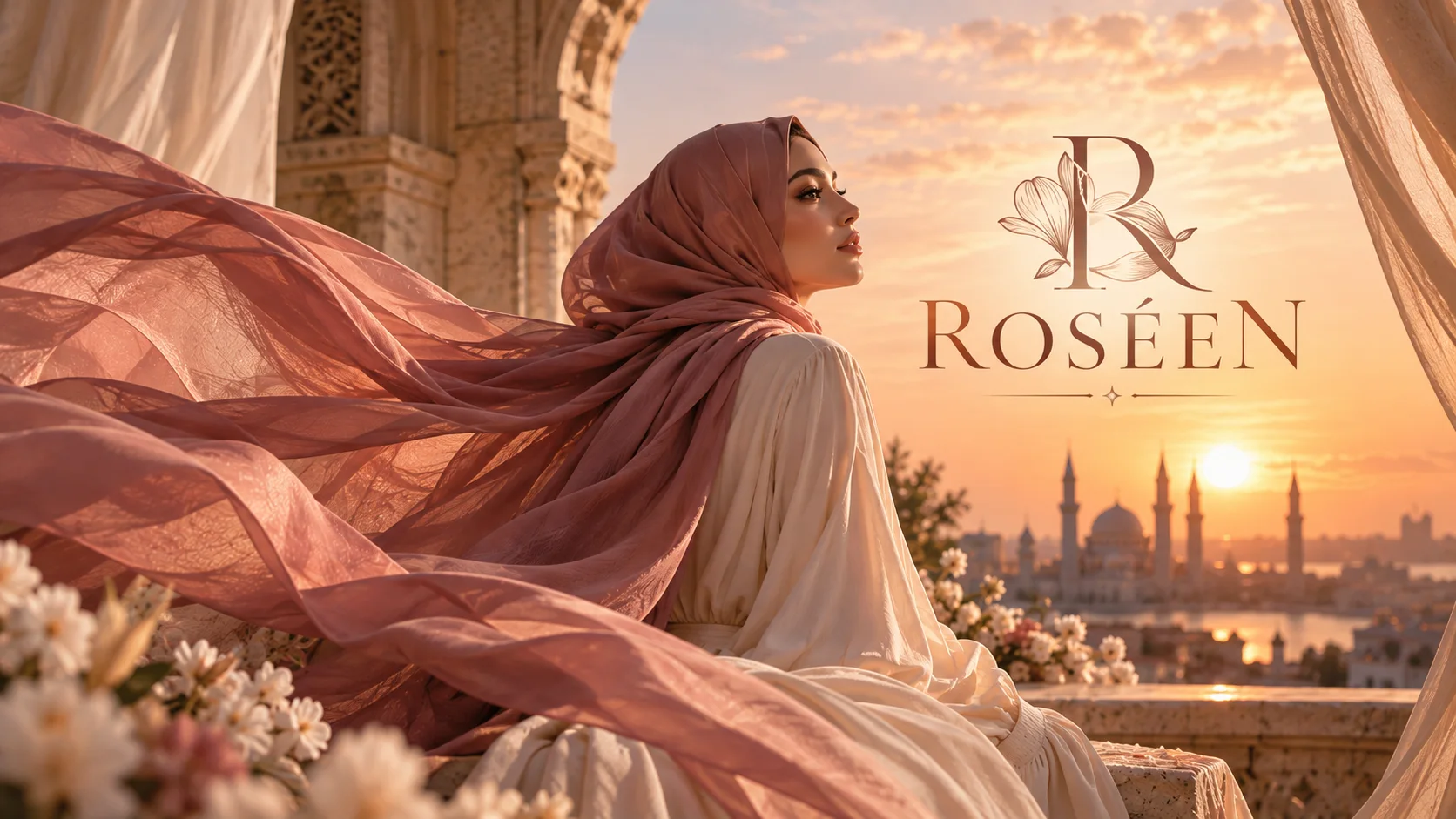 Woman in a dusty rose hijab flowing in the wind at sunset